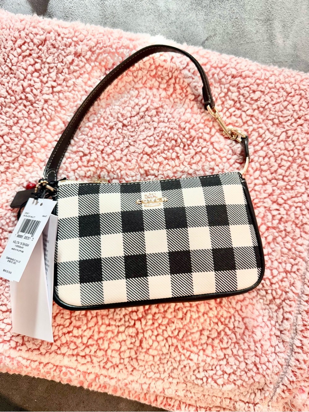 NWT Coach Nolita 19 In Gingham Print With Cherry Charm Black White